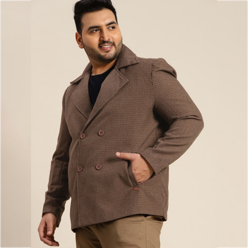 Men Plus Size Brown Checked Double-Breasted Overcoat